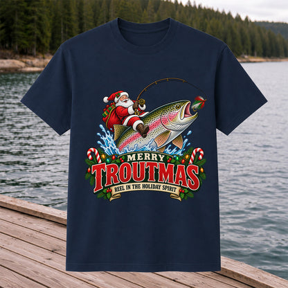 Merry Troutmas Reel in the Holiday Spirit Santa Riding Rainbow Trout Christmas Fishing T-Shirt