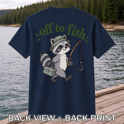 Off to Fish Cute Raccoon with Fishing Rod Graphic T-Shirt | Back Print