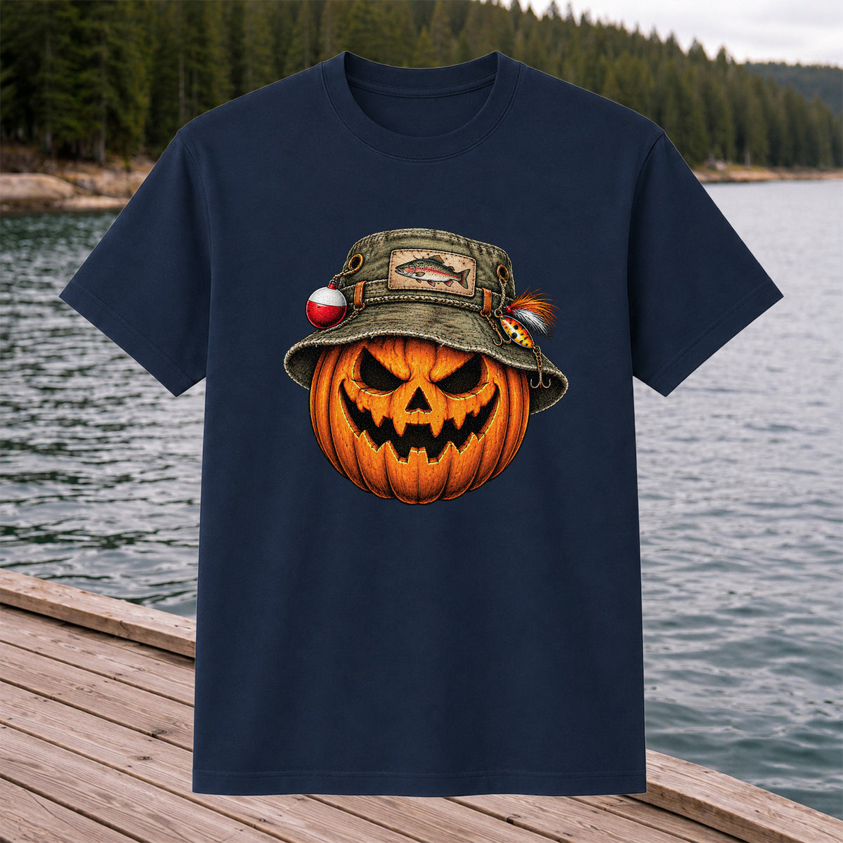 Halloween Pumpkin in a Trout Fishing Hat Graphic T-Shirt