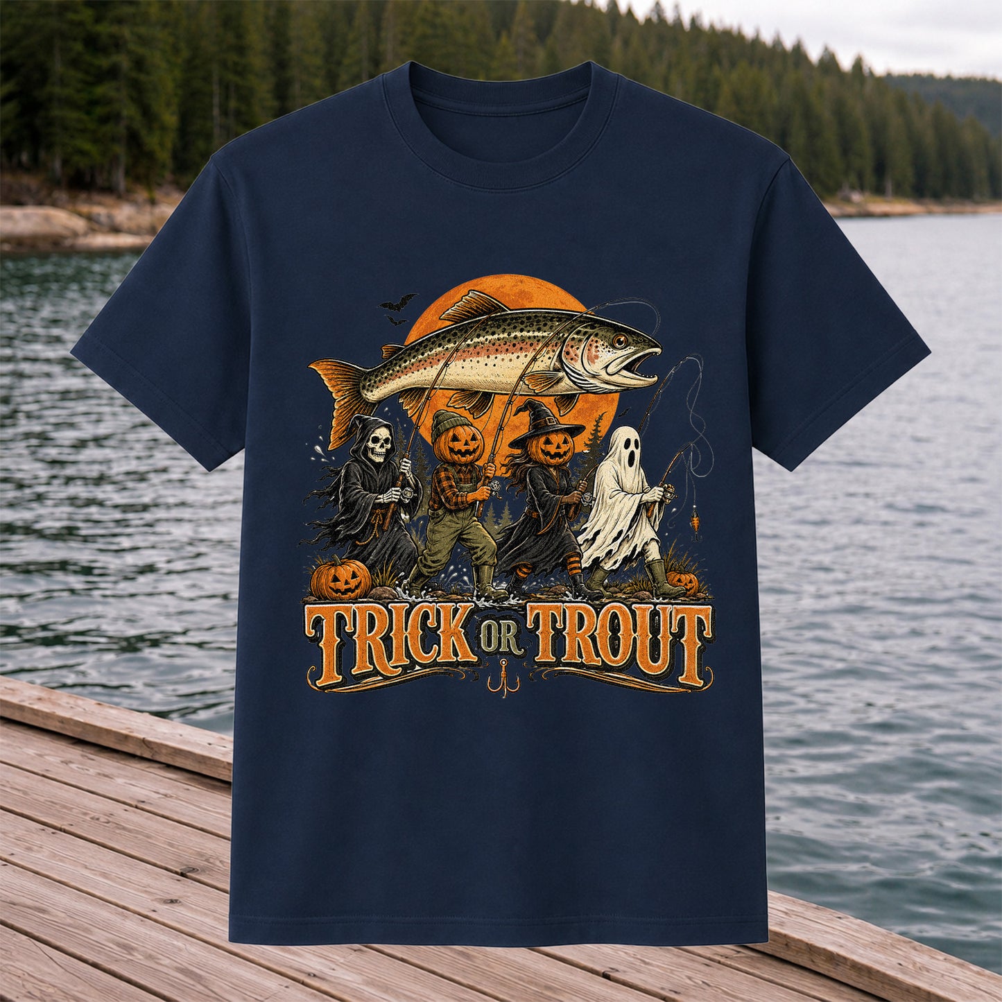 Trick or Trout Halloween Fishing T-Shirt, Vintage Trout Angler Tee