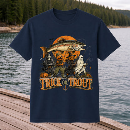 Trick or Trout Halloween Fishing T-Shirt, Vintage Trout Angler Tee