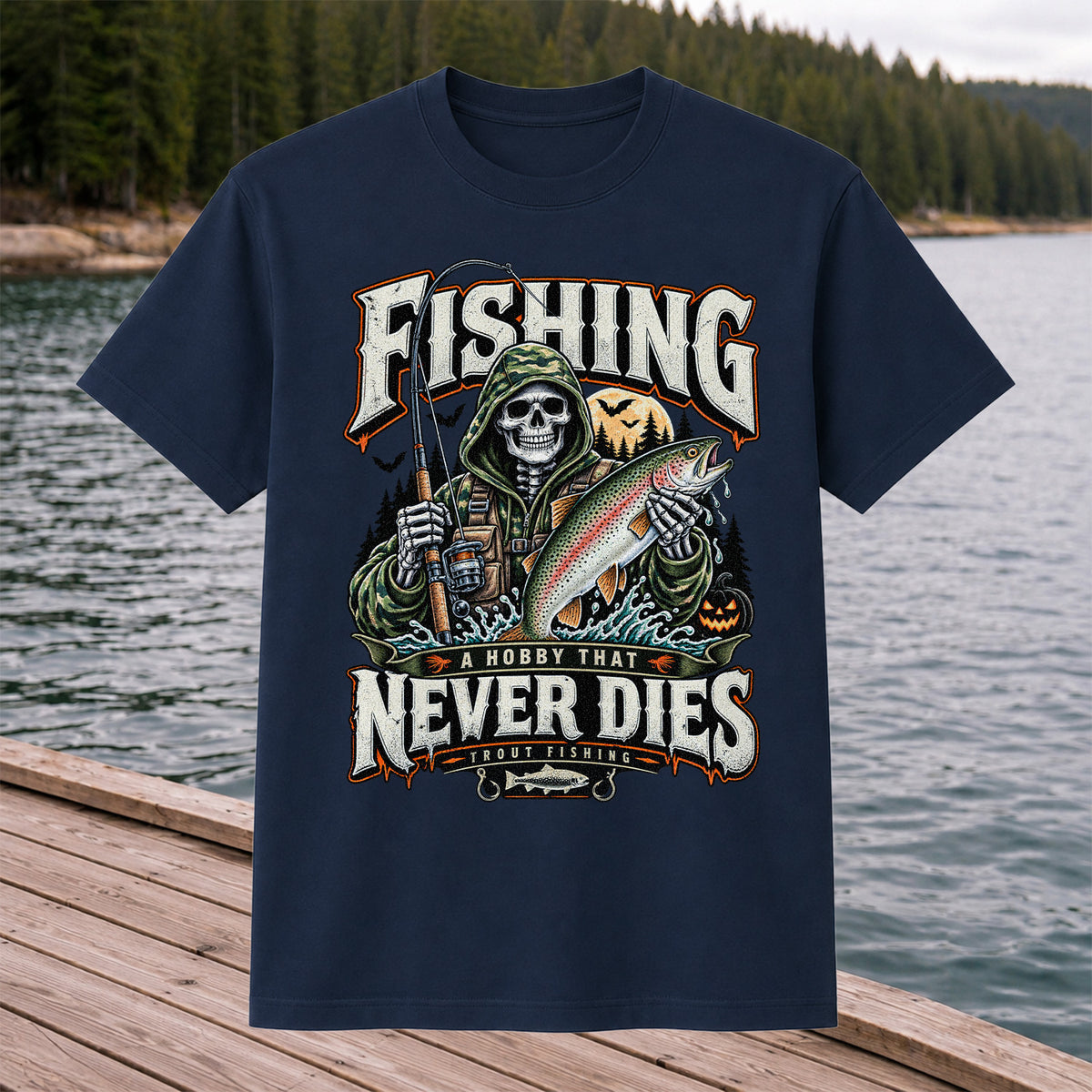 Fishing A Hobby That Never Dies Skeleton Holding Rainbow Trout Halloween T-Shirt