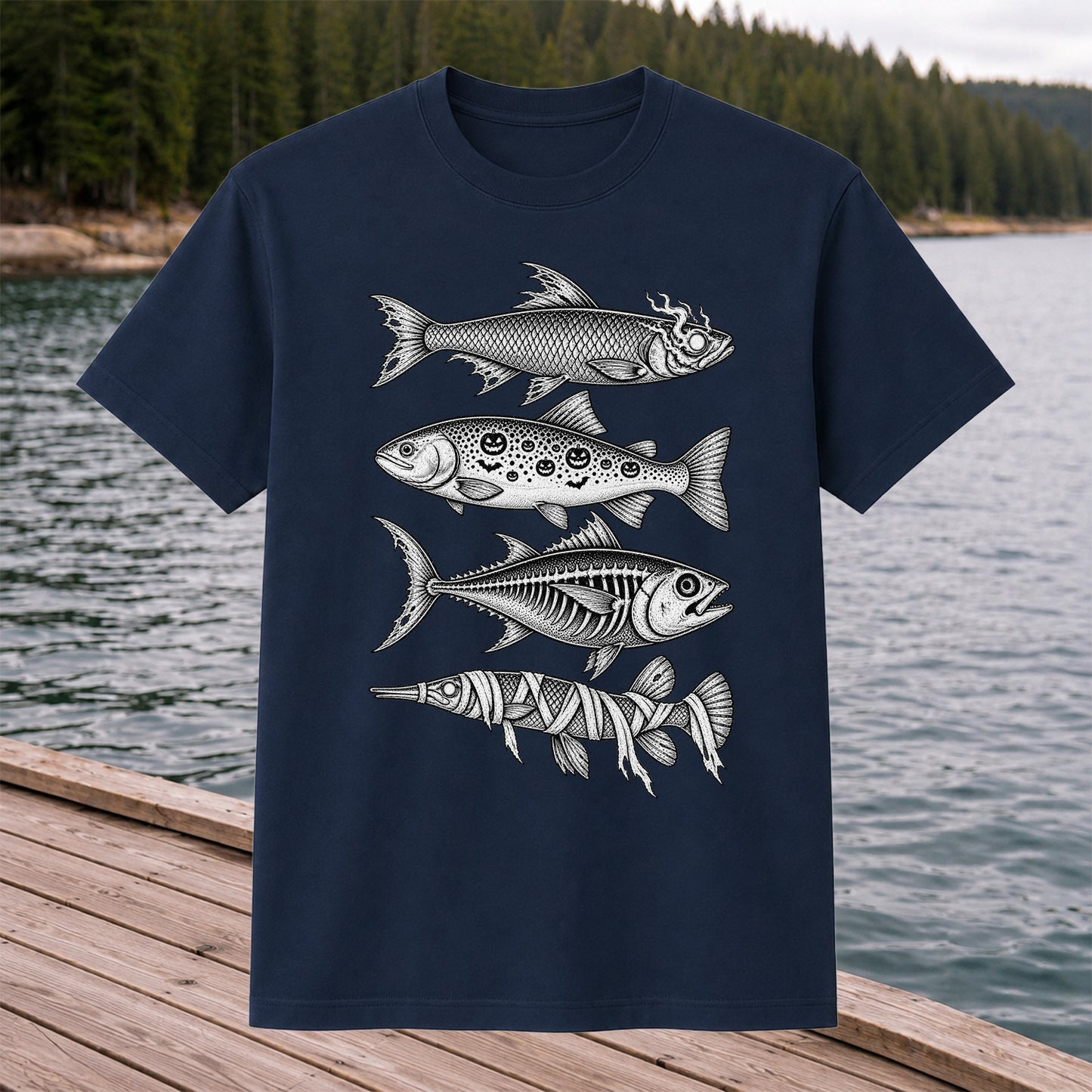 Halloween Zombie Pumpkin Skeleton and Mummy Fish Graphic T-Shirt