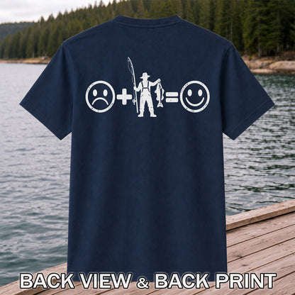 Fishing Turns Sad Face Into Happy Face Graphic T-Shirt | Back Print