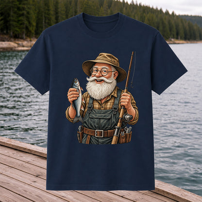 Bearded Angler Holding a Fish and Fishing Rod Graphic T-Shirt