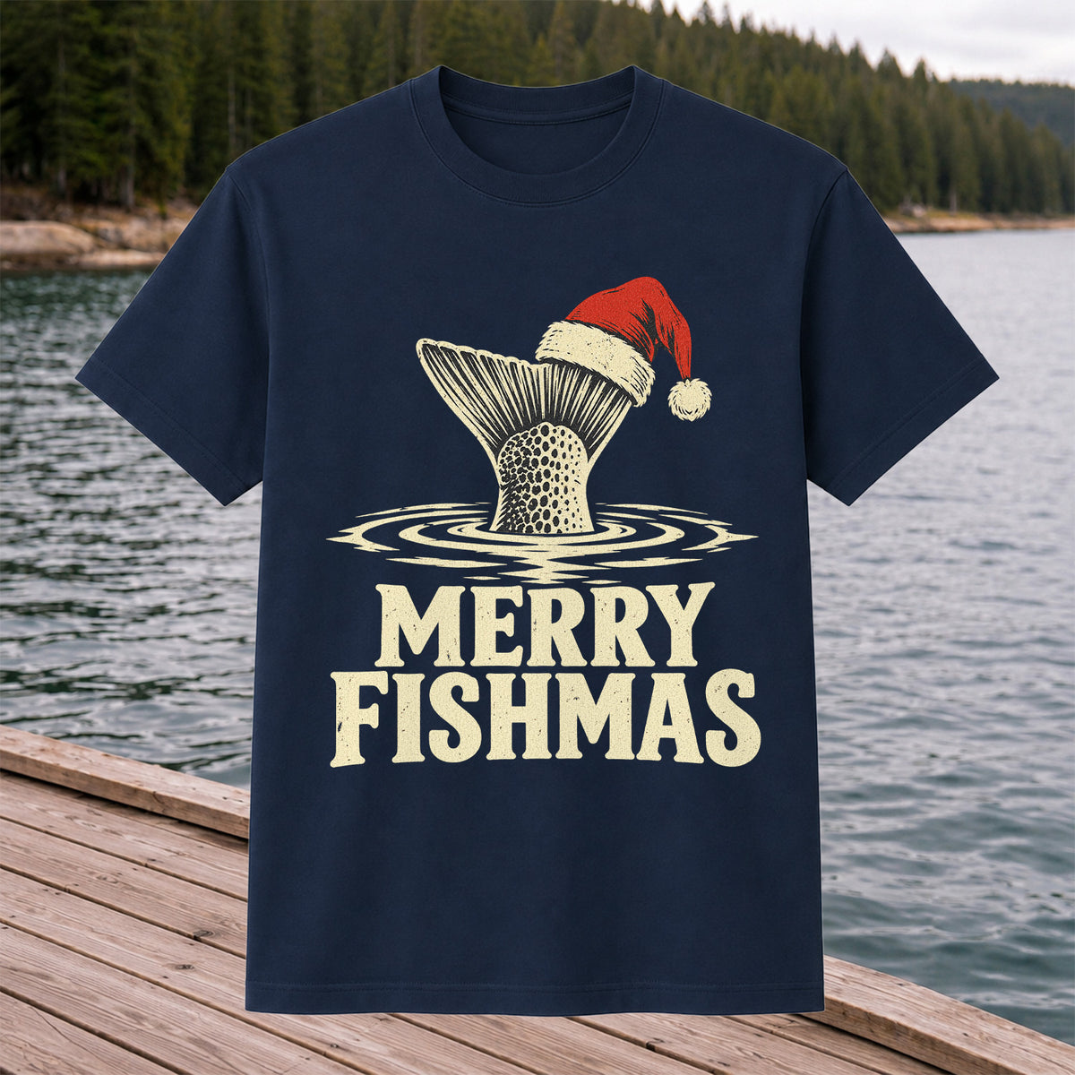 Merry Fishmas Santa Hat Trout Fishing Graphic T-Shirt