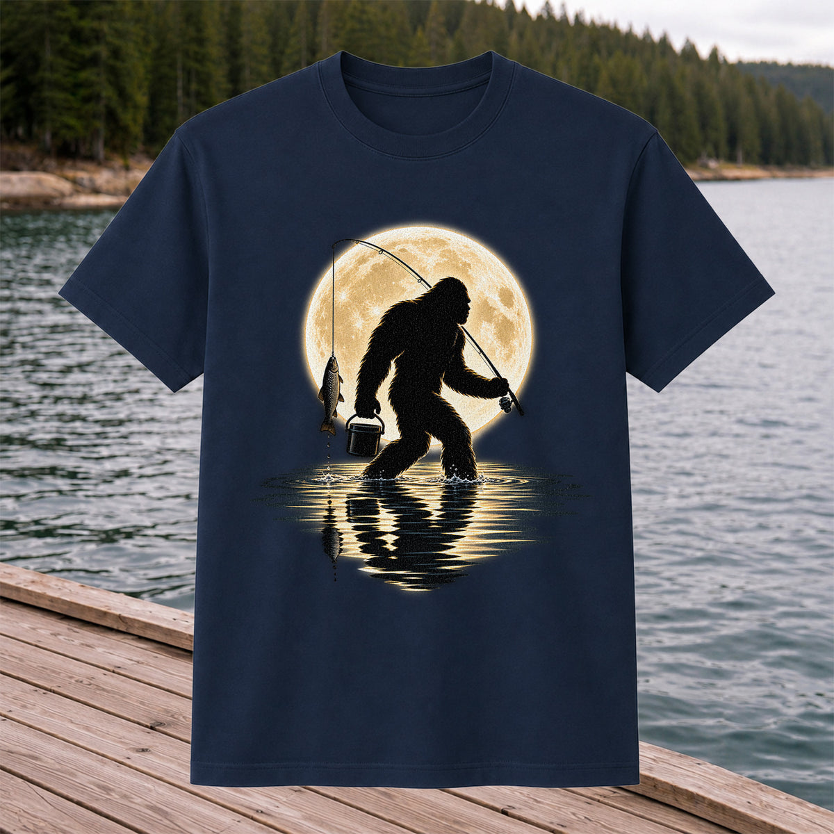 Bigfoot Fishing Under a Full Moon Graphic T-Shirt