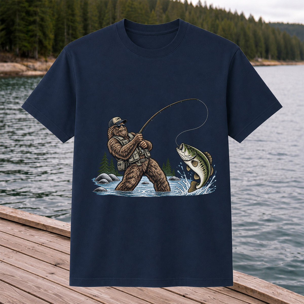 Bear Catching Bass Fishing Graphic T-Shirt