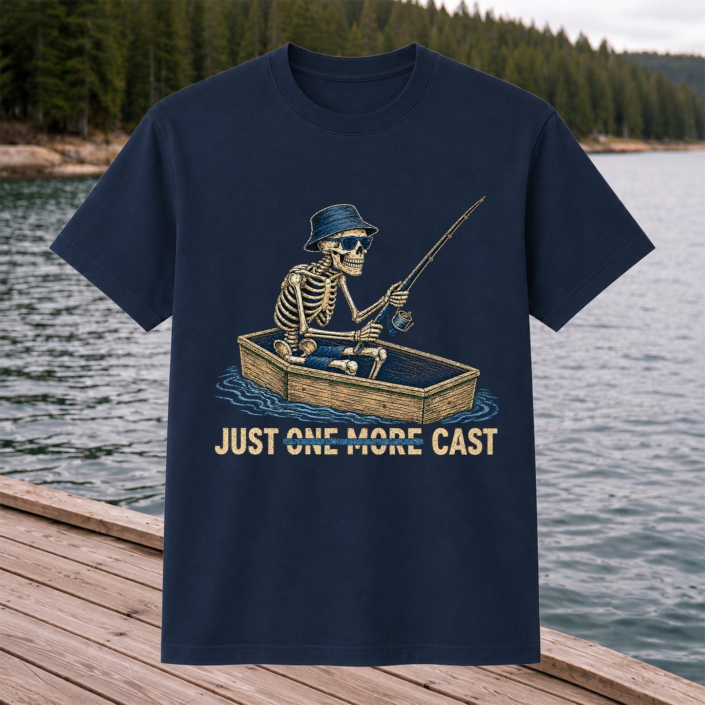 Just One More Cast Skeleton Fishing Boat Graphic T-Shirt