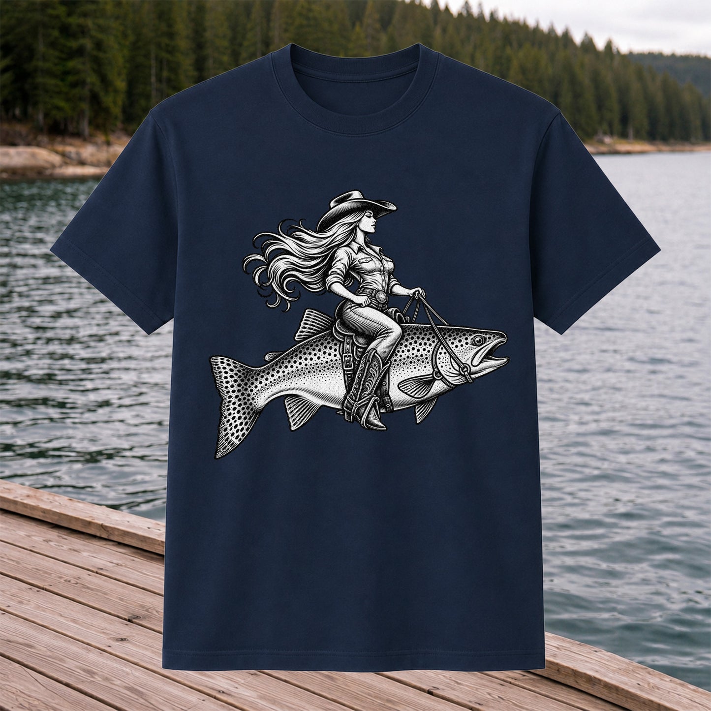 Cowgirl Riding a Trout Western Fishing Graphic T-Shirt