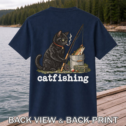 Catfishing Smoking Black Cat with Fishing Rod Funny T-Shirt | Back Print