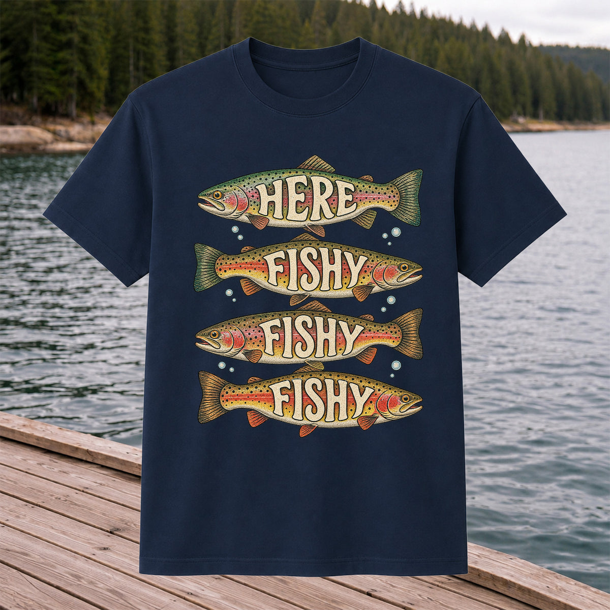 Here Fishy Fishy Fishy Rainbow Trout Fishing Graphic T-Shirt