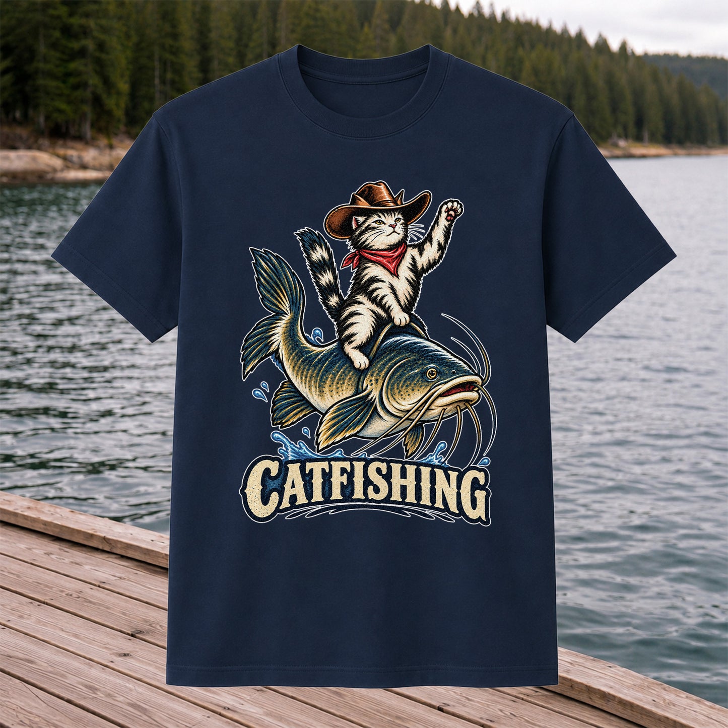 Catfishing Cowboy Cat Riding a Catfish Graphic T-Shirt
