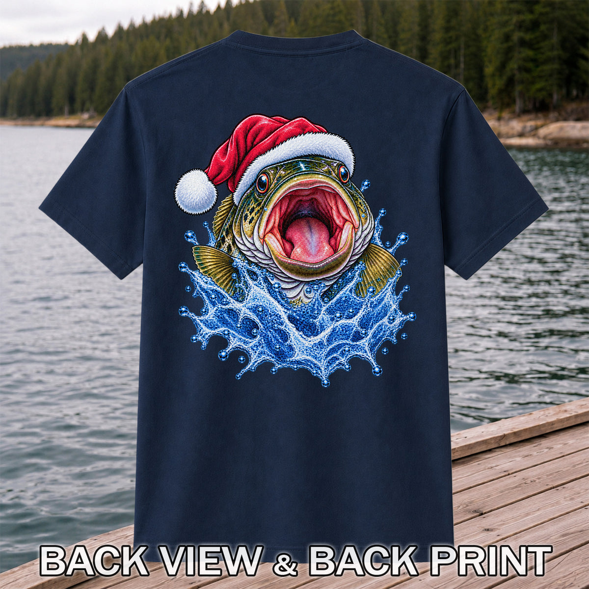 Santa Hat Bass Splash Fishing Graphic T-Shirt | Back Print