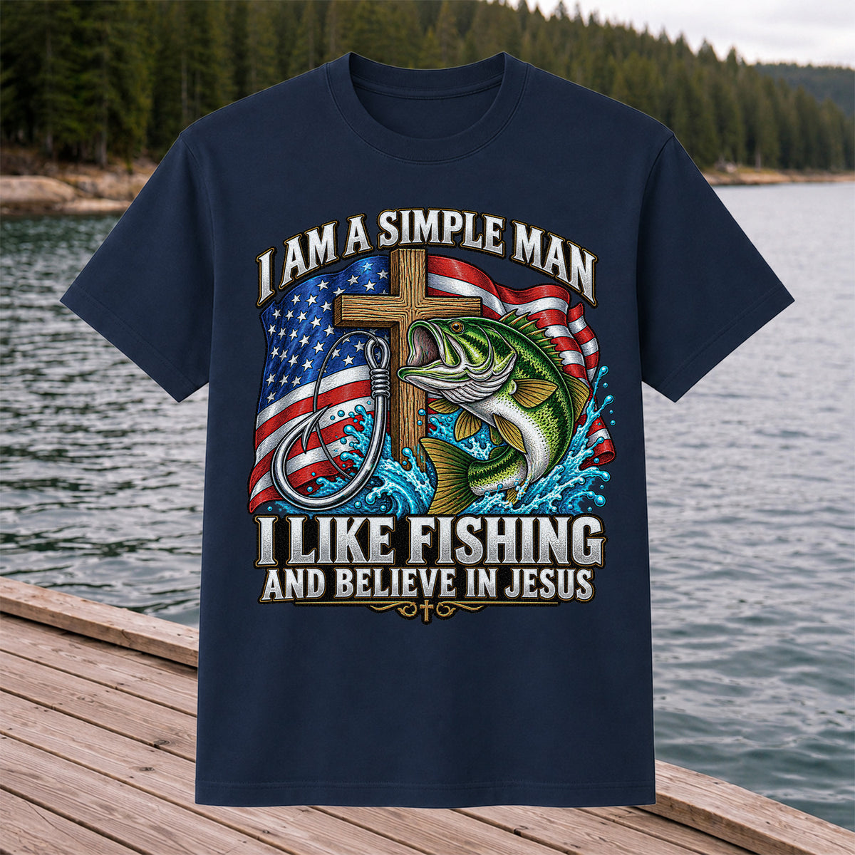 American Flag Bass Fishing Faith Patriotic Graphic T-Shirt
