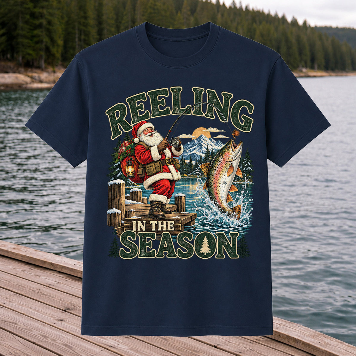 Reeling in the Season Santa Fishing for Rainbow Trout Christmas T-Shirt