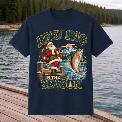 Reeling in the Season Santa Fishing for Rainbow Trout Christmas T-Shirt