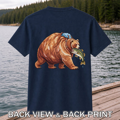 Bear Carrying Bass Fishing Wildlife Graphic T-Shirt | Back Print
