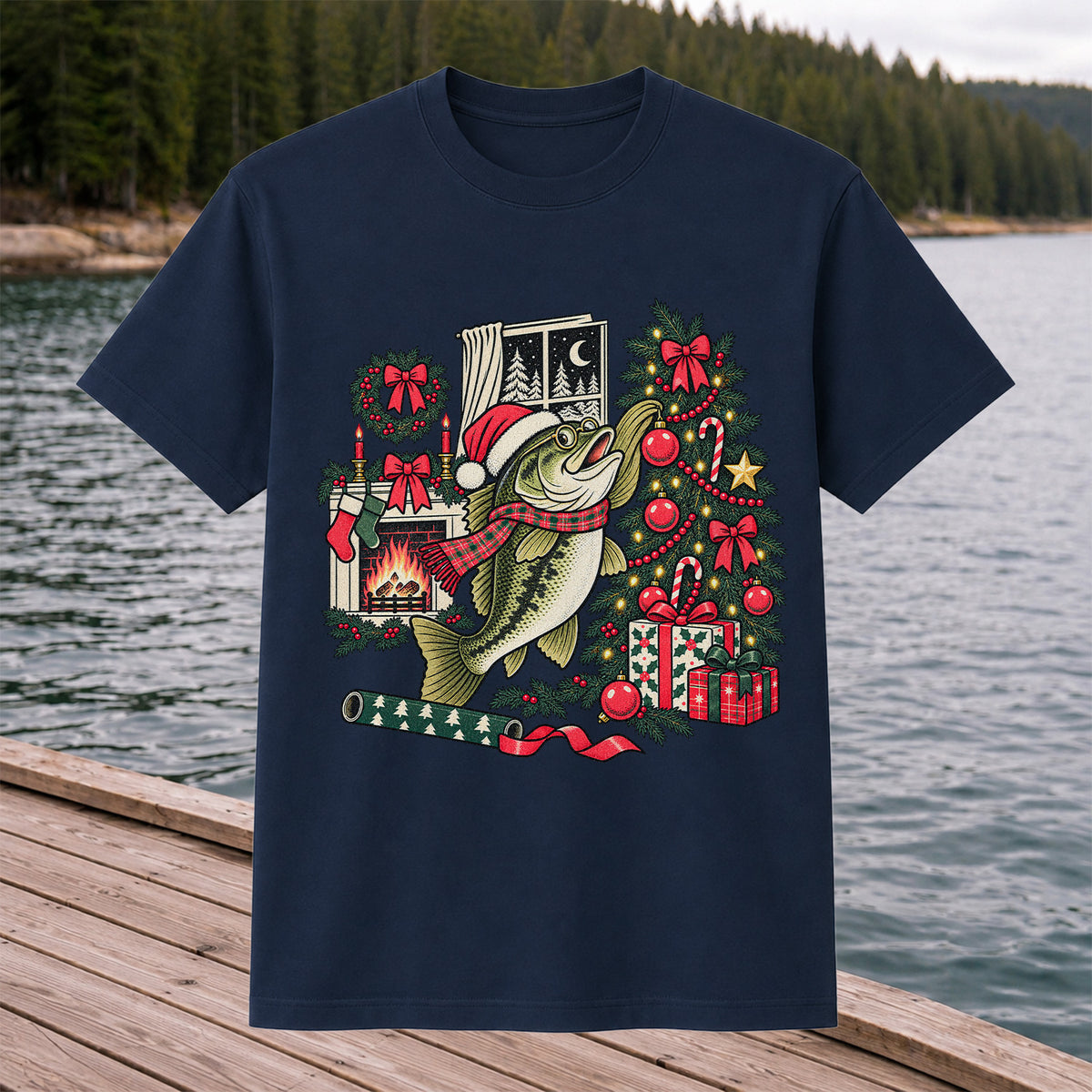 Christmas Bass Fishing Fireplace Tree Graphic T-Shirt