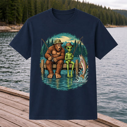 Bigfoot and Alien Fishing on a Dock with Rainbow Trout Graphic T-Shirt