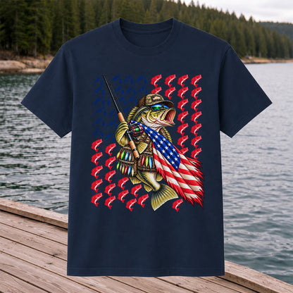 Patriotic Bass Fishing Graphic T-Shirt with American Flag Design