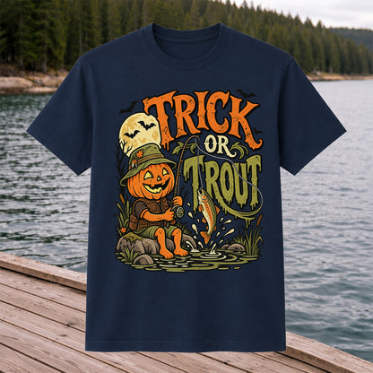 Trick or Trout Pumpkin Angler Halloween Fishing T-Shirt