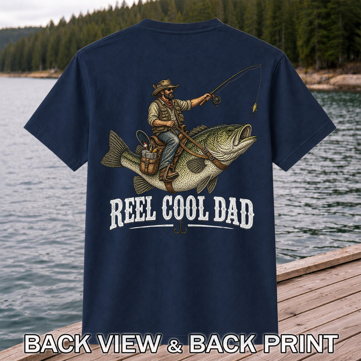 Reel Cool Dad Cowboy Riding a Bass Fishing Graphic T-Shirt | Back Print