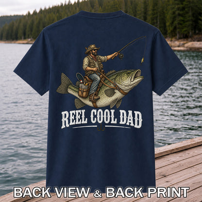 Reel Cool Dad Cowboy Riding a Bass Fishing Graphic T-Shirt | Back Print