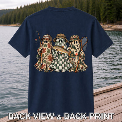 Autumn Ghost Trio with Brown Trout Halloween Fishing T-Shirt | Back Print