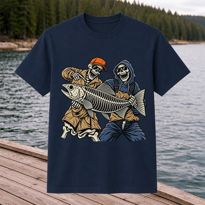 Skeleton Anglers Holding a Giant Fish Graphic T-Shirt