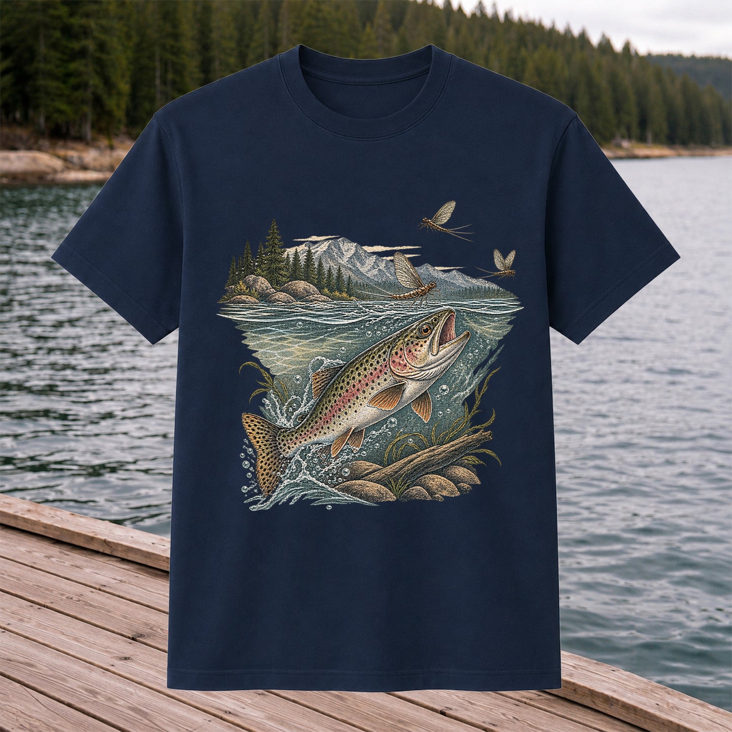 Mountain River Rainbow Trout Fly Fishing Graphic T-Shirt