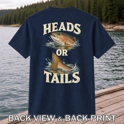 Rainbow Trout Heads or Tails Fishing Graphic T-Shirt | Back Print