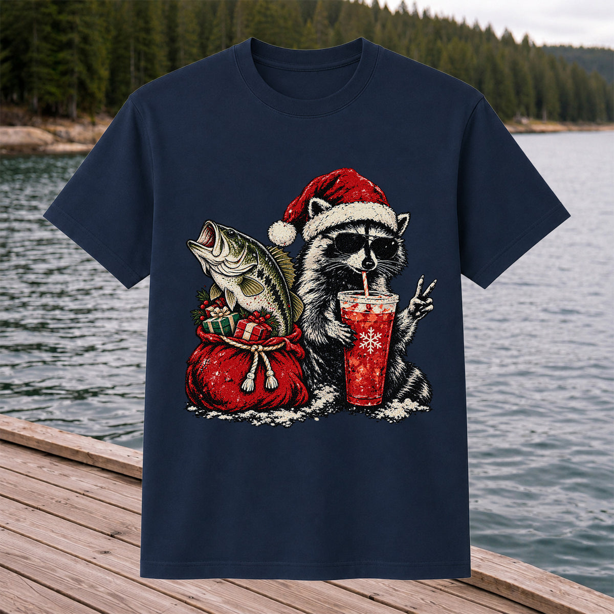 Santa Raccoon Sharing a Bass Christmas Fishing Graphic T-Shirt
