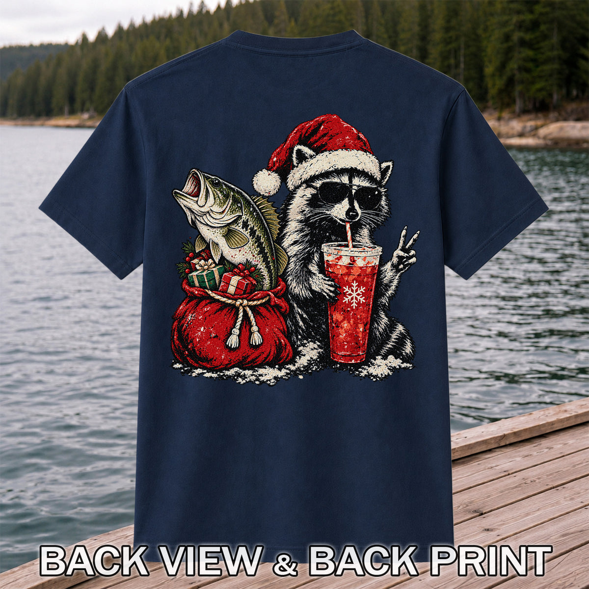 Santa Raccoon Sharing a Bass Christmas Fishing Graphic T-Shirt | Back Print