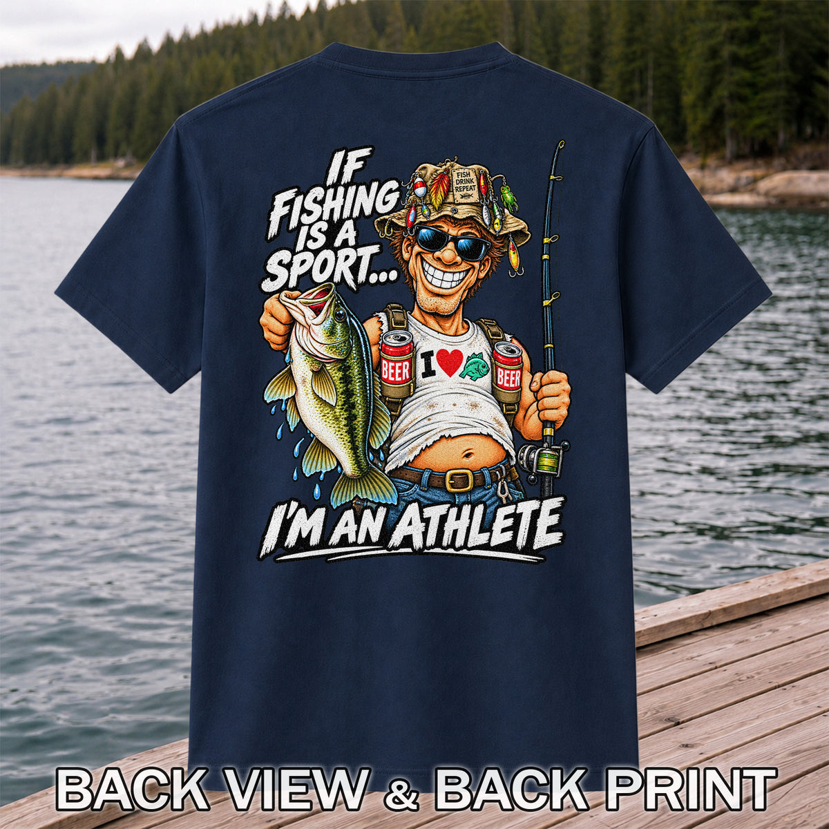 If Fishing Is a Sport I'm an Athlete Funny Bass Angler T-Shirt | Back Print