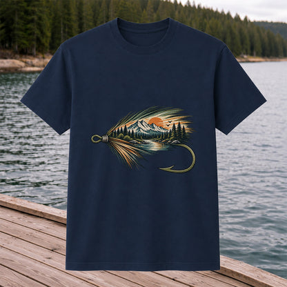 Mountain Lake Fly Fishing Hook Graphic T-Shirt
