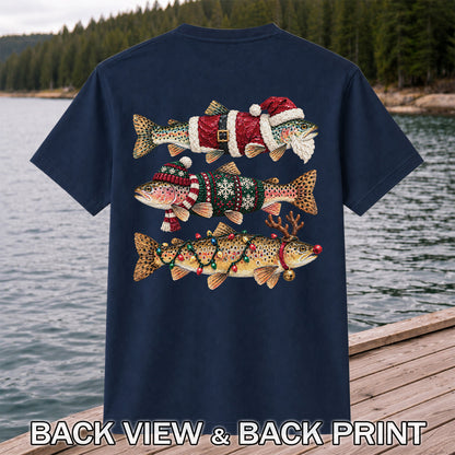 Christmas Trout Fishing Graphic T-Shirt with Festive Fish Artwork | Back Print
