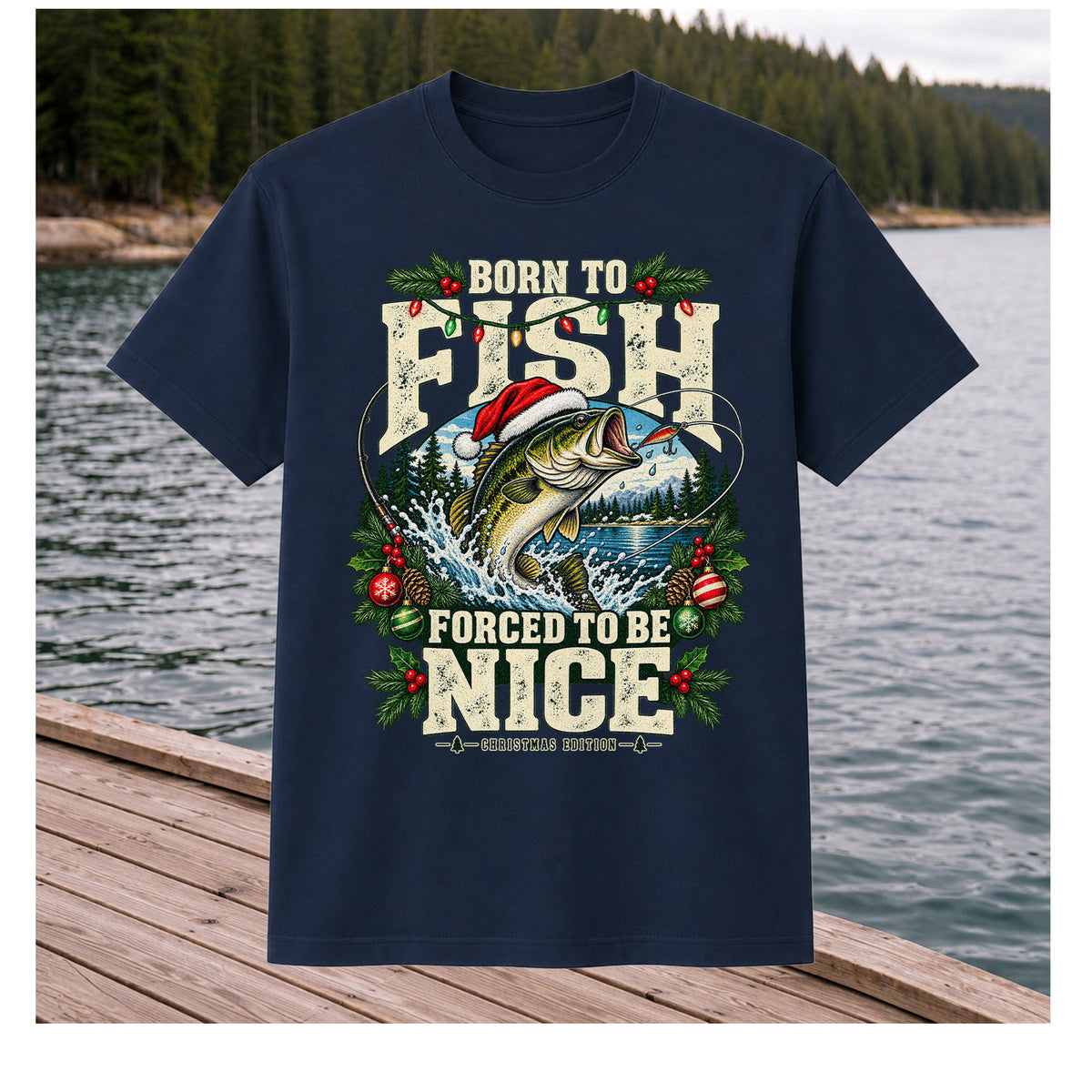 Born to Fish Forced to Be Nice Christmas Bass T-Shirt