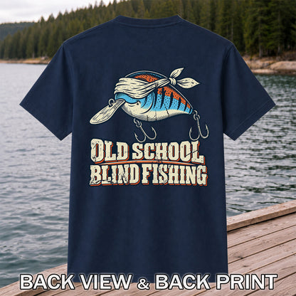 Old School Blind Fishing Blindfolded Lure Graphic T-Shirt | Back Print