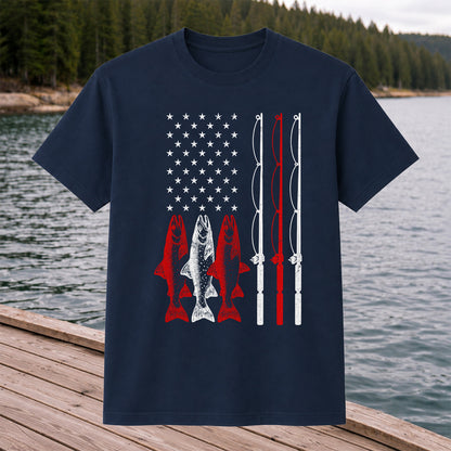 American Flag Trout and Fishing Rods Patriotic T-Shirt