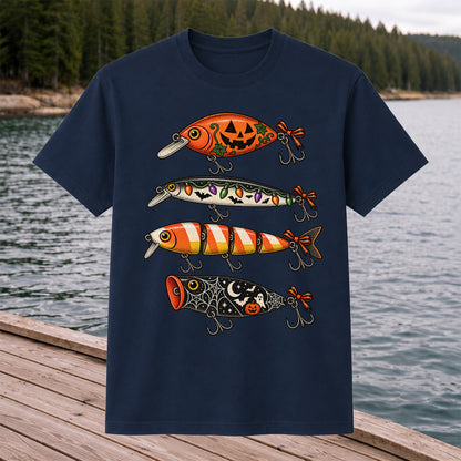 Halloween Fishing Lures with Pumpkin, Ghost and Candy Corn Graphic T-Shirt