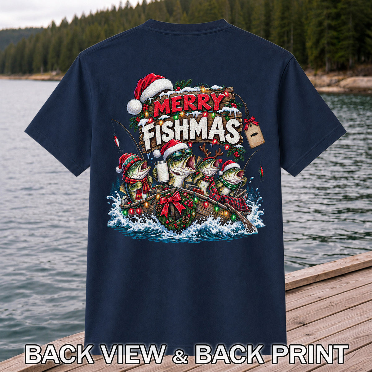 Merry Fishmas Christmas Bass in a Fishing Boat Graphic T-Shirt | Back Print