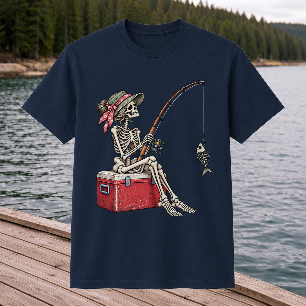 Skeleton Woman Fishing on a Cooler with Fish Bones Graphic T-Shirt