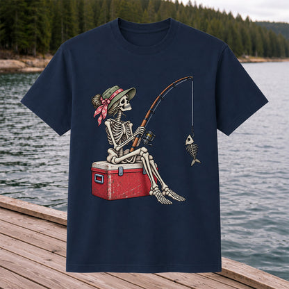 Skeleton Woman Fishing on a Cooler with Fish Bones Graphic T-Shirt