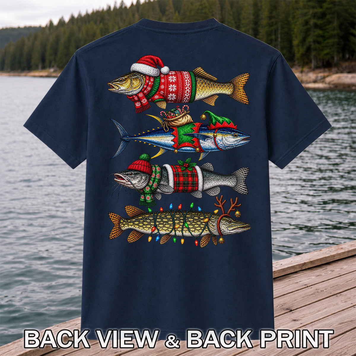 Christmas Fish in Festive Sweaters Fishing Graphic T-Shirt | Back Print