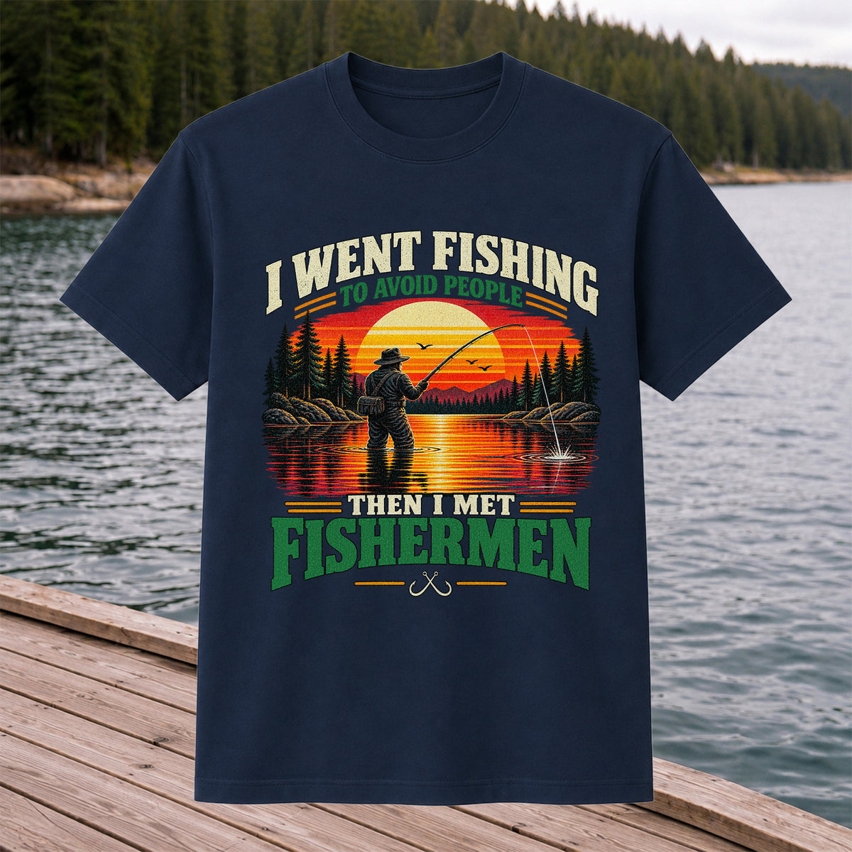 Sunset Fisherman Fishing Humor Graphic T-Shirt
