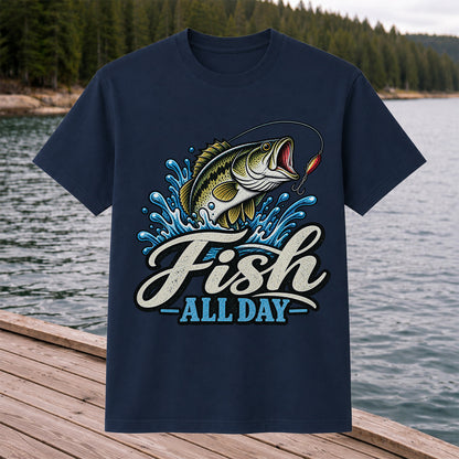 Fish All Day Jumping Bass Fishing Graphic T-Shirt