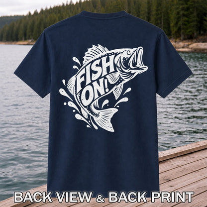 Fish On! Jumping Bass Fishing Distressed Graphic T-Shirt | Back Print