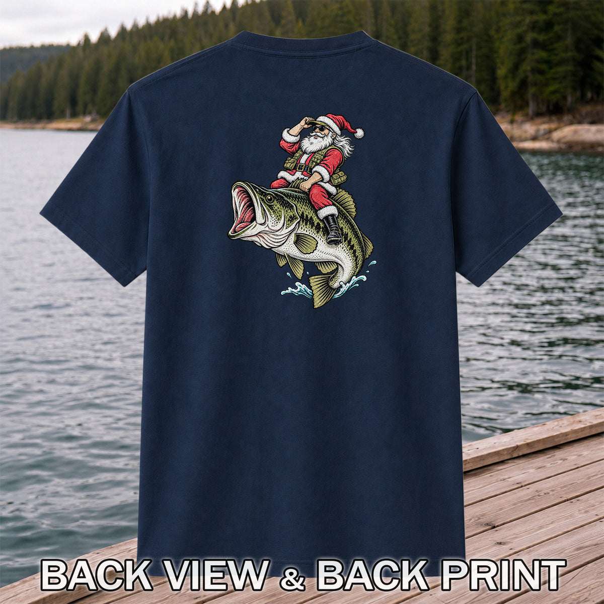 Santa Riding Largemouth Bass Christmas Fishing Graphic T-Shirt | Back Print