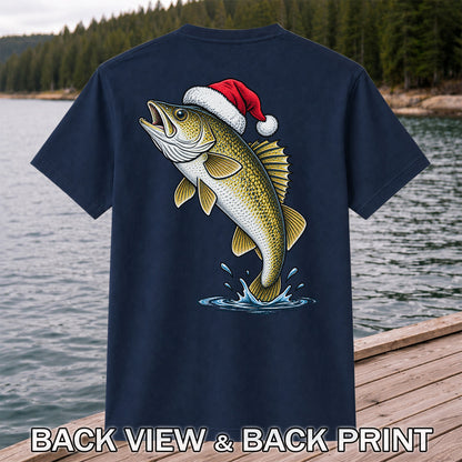 Santa Hat Walleye Christmas Fishing Graphic T-Shirt | Back Print